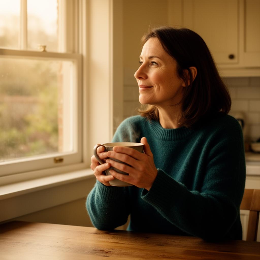Vrouw aan keukentafel met een kop thee, rustig moment